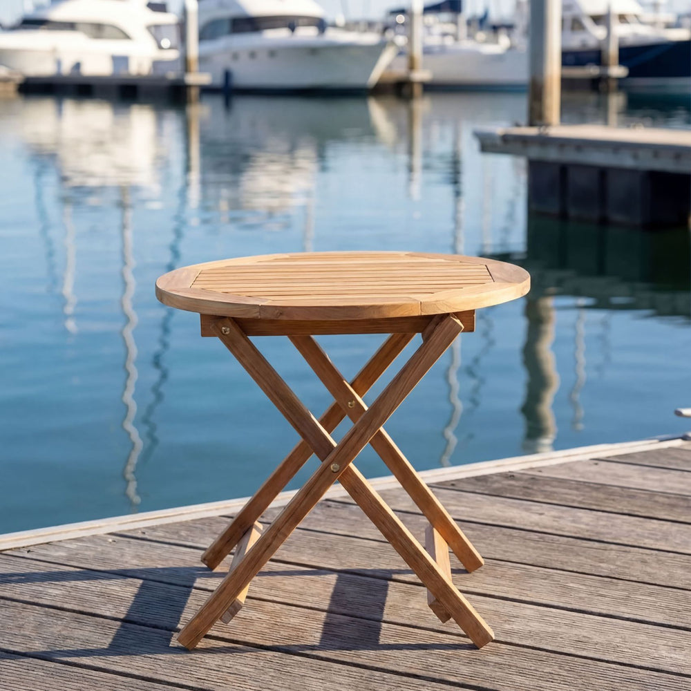 Alnö – Runt sidobord i teak A-grade, hopfällbart för uteplats Stockamöllan