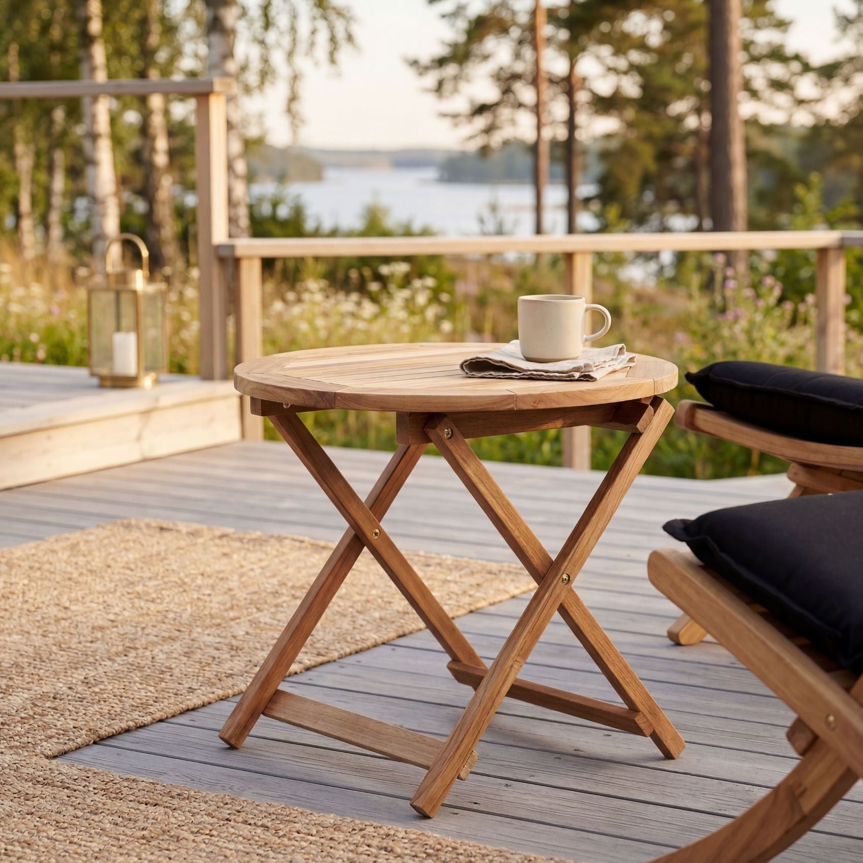Alnö – Runt sidobord i teak A-grade, hopfällbart för uteplats Stockamöllan